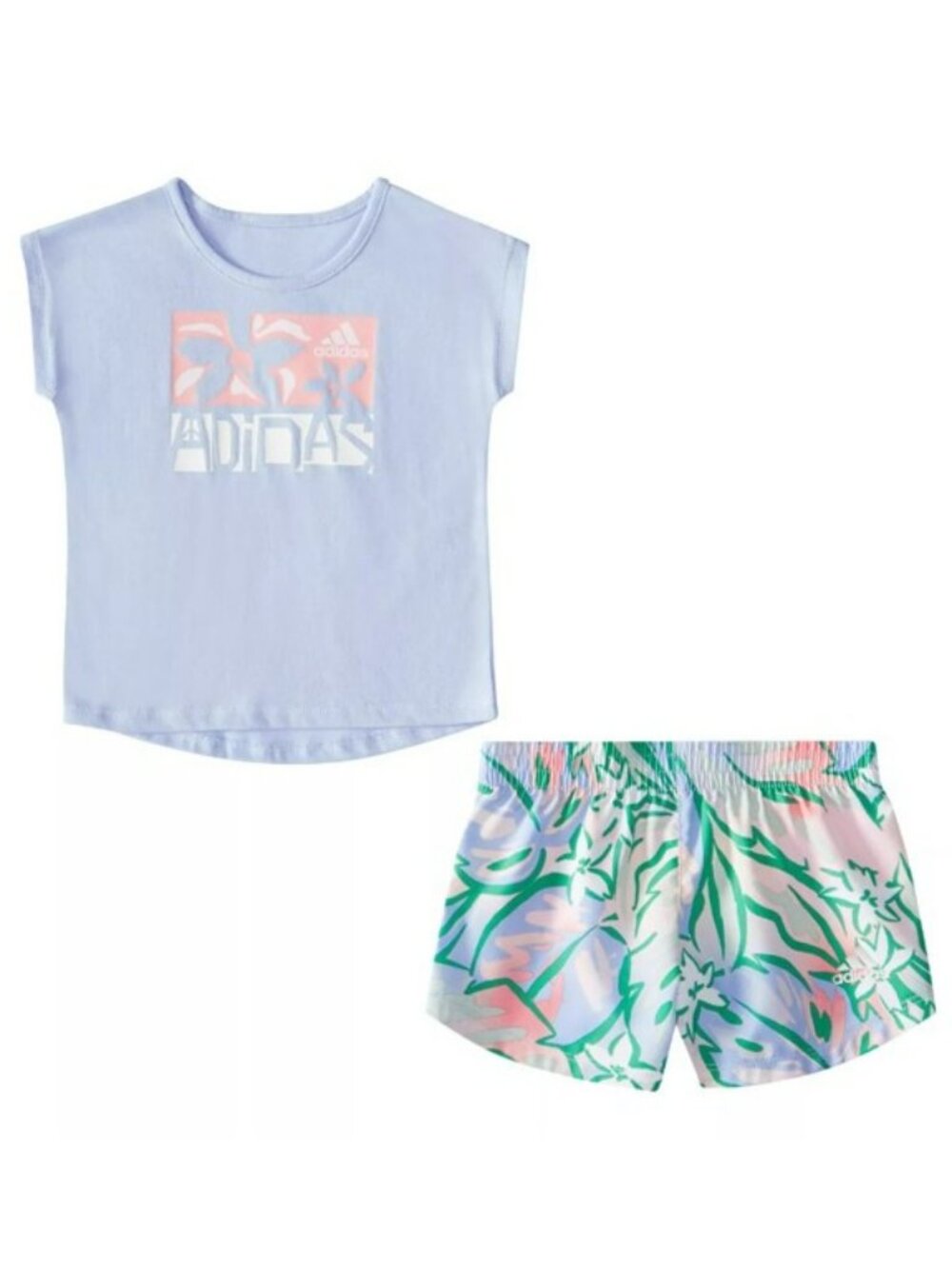 NWT. ADIDAS Baby Girls Blue T-shirt & Floral Print Shorts. 2 Pc Set